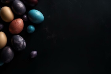 Easter eggs on a dark background with space. Easter card. Minimal Easter concept. Generative AI