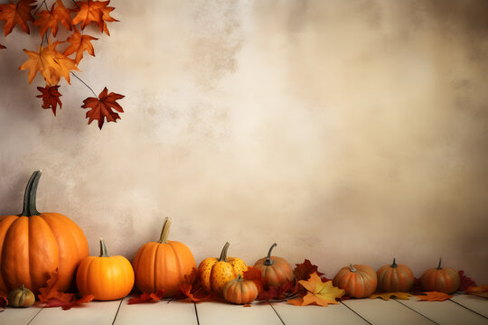Autumn background with pumpkins and leaves on wooden floor, Thanksgiving background theme