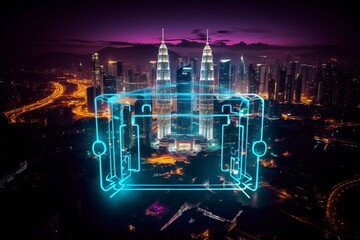Naklejka premium Glowing padlock hologram, nighttime aerial photo of Kuala Lumpur representing cyber security barriers defending KL enterprises. Generative AI