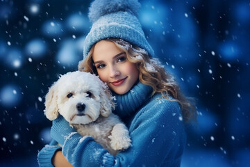 portrait of a smiling happy girl with dog in snowy winter