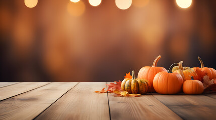 Autumn background with pumpkins and leaves with bokeh on wooden floor, Thanksgiving background theme - obrazy, fototapety, plakaty