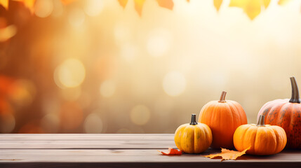 Autumn background with pumpkins and leaves with bokeh on wooden floor, Thanksgiving background theme