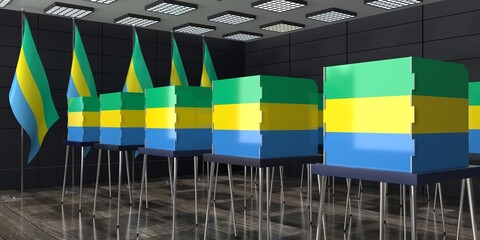 Gabon - voting booths and national flags in polling station - election concept - 3D illustration
