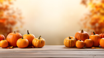 Autumn background with pumpkins and leaves on wooden floor, Thanksgiving background theme