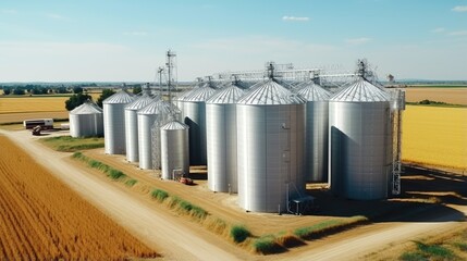 large grain elevators stand in wheat field