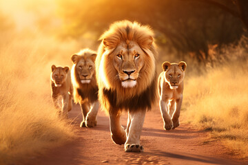 Group of lions walks through Africa - obrazy, fototapety, plakaty