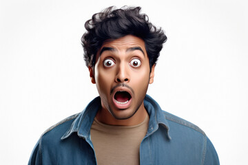Indian man giving shocking expression on white background.