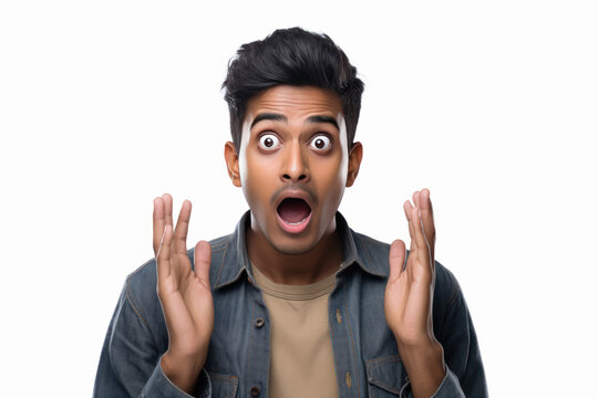 Indian man giving shocking expression on white background.