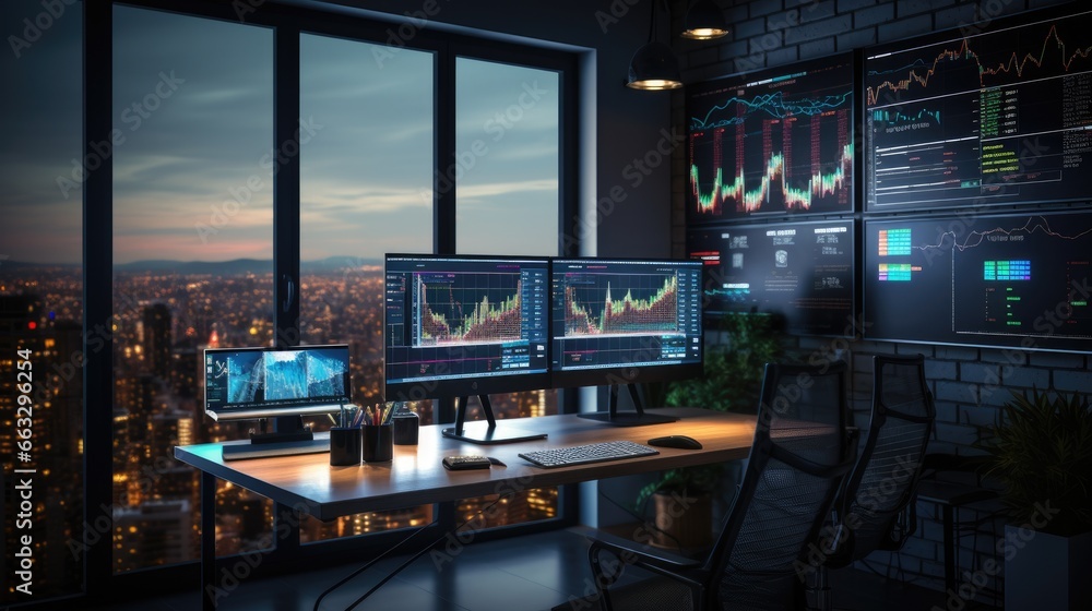 Aufkleber minimalist hi tech office with computers with stock market data on screens