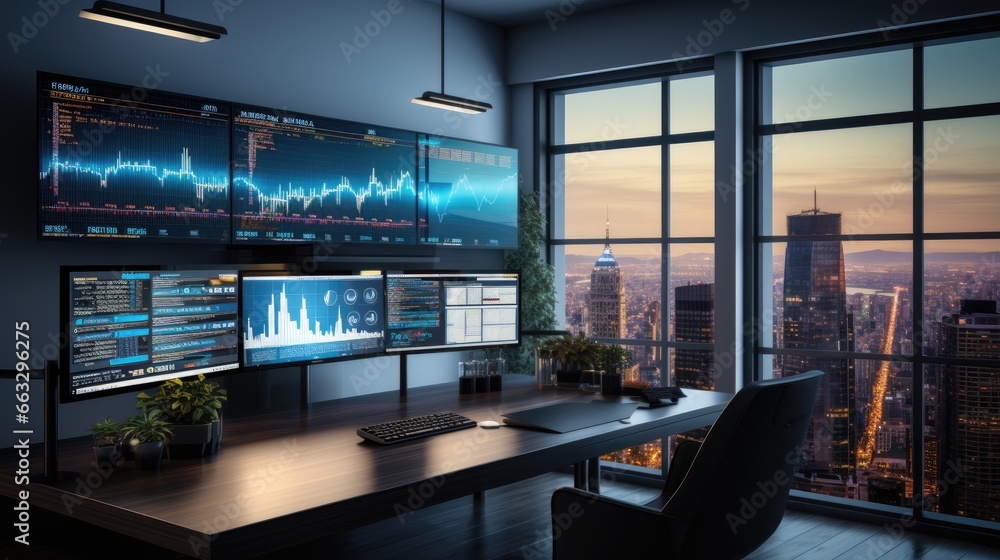 Poster minimalist hi tech office with computers with stock market data on screens