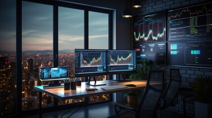 minimalist hi tech office with computers with stock market data on screens  - obrazy, fototapety, plakaty