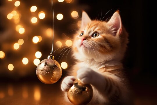 Portrait of red cute kitty cat sitting on the floor and playing with Christmas tree toy balls.
