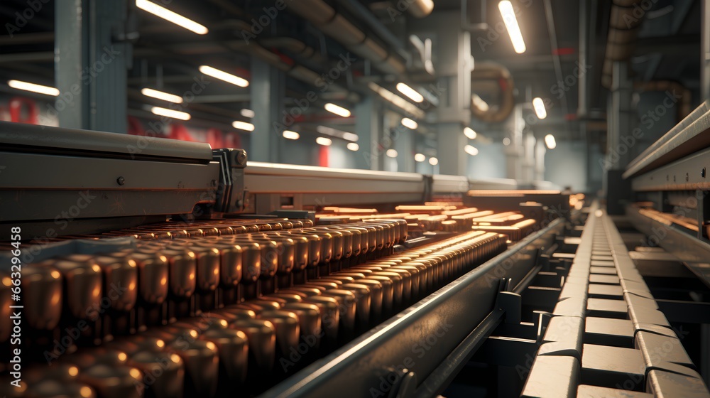 Poster rocket artillery ammunition industrial manufacturing process. fast and precise work in military comp