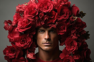 Portrait of young male with flower wreath, crown. red bouquet. fashion and modern design