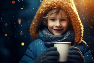 happy smiling boy with cup of hot chocolate on bokeh snowy background