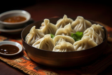 Khinkali with lamb on plate on wooden table. Caucasian boiled dish of dough and meat on a dark background