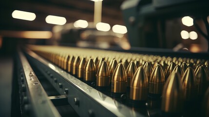 Bullet shells of different sizes for military ammunition production and storage. The brass bullet shells for ammo manufacturing. Military weaponry and ammunition. Factory line with weapon cartridges. - obrazy, fototapety, plakaty