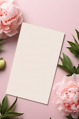 mockup. peonies and white sheet of paper on a pink background. with copy space for your text top view and flat lay style