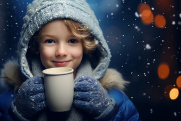 happy smiling boy with cup of hot chocolate on bokeh snowy background