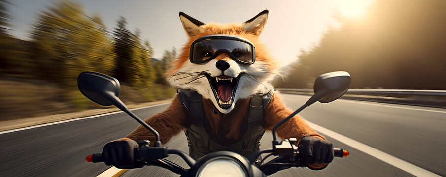 un renard souriant  au guidon d'un moto sur l'autoroute