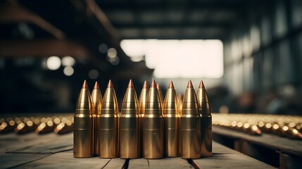 Bullet shells of different sizes for military ammunition production and storage. The brass bullet shells for ammo manufacturing. Military weaponry and ammunition. Factory line with weapon cartridges. - obrazy, fototapety, plakaty