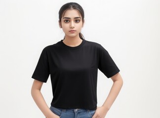 Portrait of a girl wearing a black t-shirt on a white background