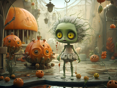 Halloween cartoon cute walking zombie 3D character created with Generative AI technology