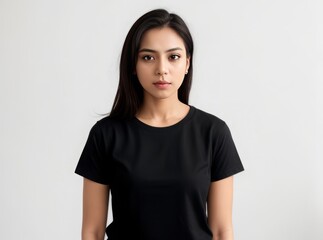 Fototapeta premium Portrait of a girl wearing a black t-shirt on a white background