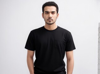 A man wearing a black t-shirt on a white background