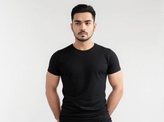 A man wearing a black t-shirt on a white background