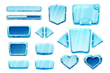 Set game menu assets ice buttons, interface elements 2d in cartoon style isolated. Blocks, shapes frozen gui panels, sliders, arrows.