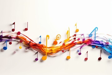 Colorful music notes on a white background with a treble clef. Banner with copy space. Generative AI - obrazy, fototapety, plakaty