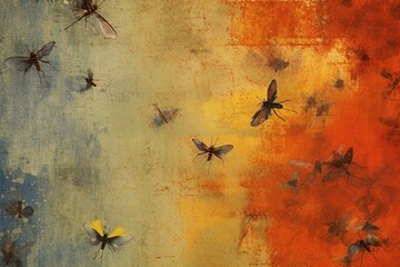Background with distressed texture and fluttering insects. Generative AI