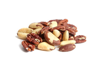 Brazil nuts and peeled pecans mix isolated on white background. Nutty assortment with different flavors