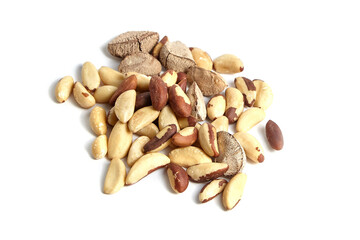 Brazil nuts isolated on white background. Edible Brazil nut seeds on white, top view