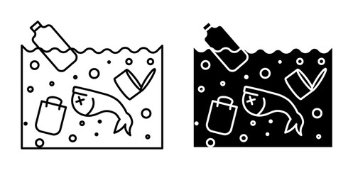Ocean pollution icon set in black filled and outlined style. Marine water plastic bottle pollution vector symbol for ui designs.