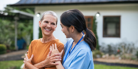 Nurse or caregiver hand on walking frame for support, help or trust moving leg in rehabilitation....