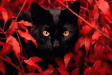 Fluffy black cat with yellow eyes exploring autumn forest. Orange kitten walking outdoor at sunset. Red and yellow fallen leaves - Powered by Adobe
