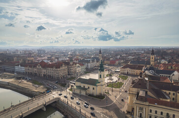 Aerial art nouveau historical an aerial view of Oradea with a stunning bridge, showcasing the city's historic and art nouveau architecture incity Oradea, Bihor, Romania