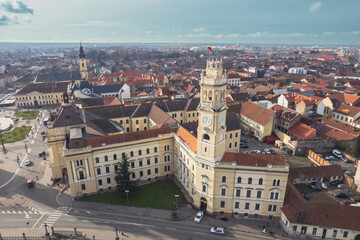 Aerial art nouveau historical an aerial view of Oradea with a majestic clock tower standing tall in the heart of the historic city incity Oradea, Bihor, Romania
