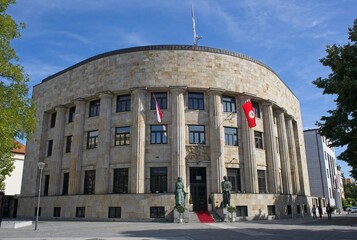 Banja Luka, Bosnia and Herzegovina - Oct 7, 2023: President palace. A walking in the center of Banja Luka city in Srpska Republic of Bosnia and Herzegovina in a sunny autumn day Selective focus