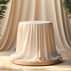 Podium covered with a piece of silk Fabric. Round Table covered with beige cloth. Podium for product, cosmetic presentation. Creative mock up. - 663299271