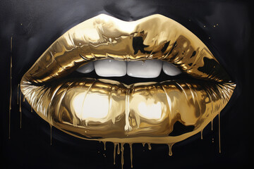 Golden lips on a dark background - obrazy, fototapety, plakaty