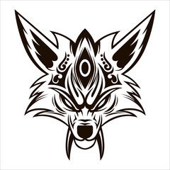 Fototapeta premium Kitsune Drawing Vector. Kitsune Wolf Head Black And White Drawing Vector illustration. Black and white illustration of a Japanese fox mask on a white background. Kitsune mask.