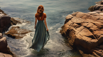 Woman water shallow near rocks