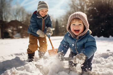 happy smiling children clearing snow by shovel after snowfall , love winter