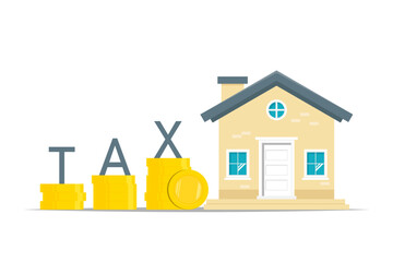 Tax for housing concept, House with coin stack on isolated background, Vector illustration.
