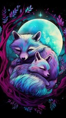 A couple of raccoons cuddling under a full moon