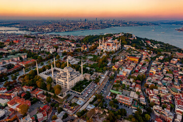 Aerial view of Blue Mosque, Hagia Sophia, Golden Horn and the Bosphorus, Istanbul, Turkey.