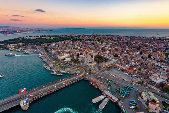 Aerial view of Galata Bridge on the Golden Horn and Old City, Istanbul, Turkey.